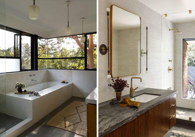 modern bathroom with quartz counters and large windows