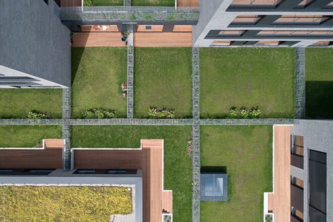 aerial view of green-roofed buildings