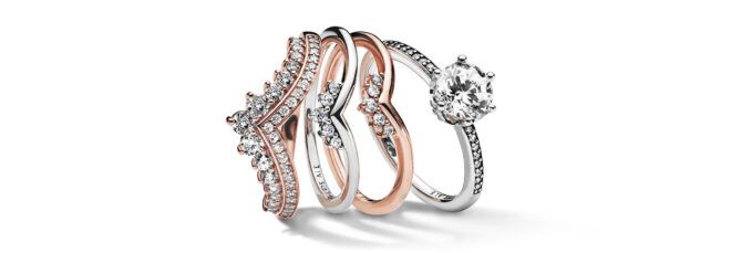 Pandora diamond rings on white background