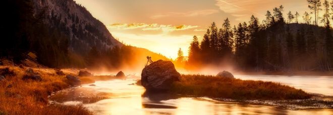 sunset over mountains and forest in Yellowstone National Park