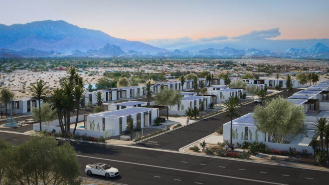 aerial rendering of single-floor homes with solar panels on the roofs