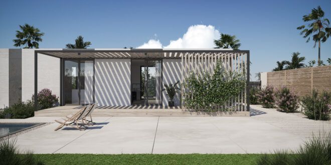 gray home with slatted screens over the cladding