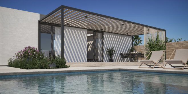 pool next to home with pergola