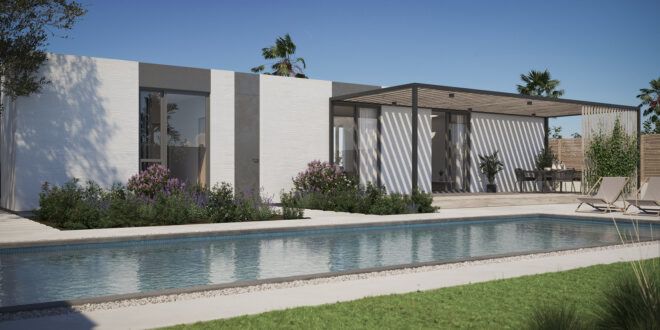 gray home with pergola and large rectangular pool