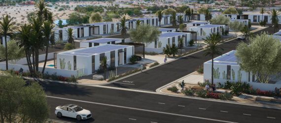 aerial rendering of single-floor homes with solar panels on the roofs