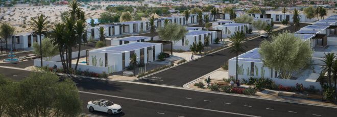 aerial rendering of single-floor homes with solar panels on the roofs