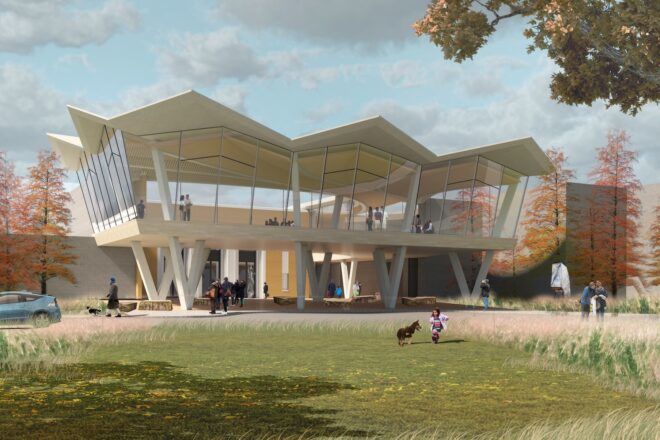 rendering of museum with folding roof and glass walls