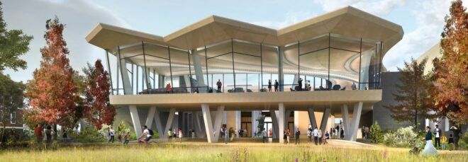 rendering of glass museum building with folding roof