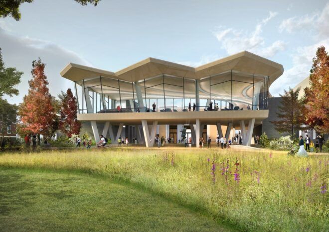 rendering of glass museum building with folding roof