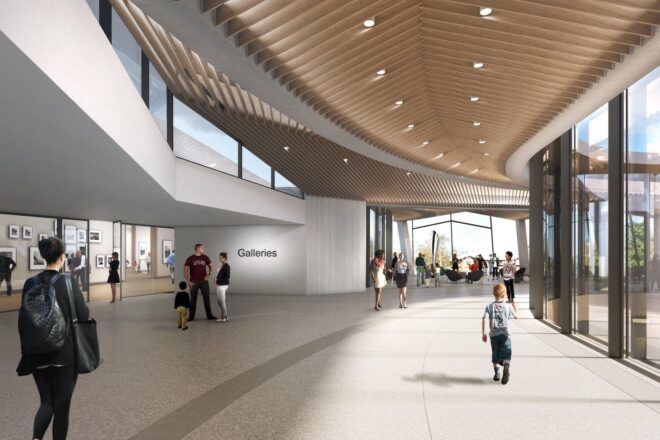 rendering of museum interior with white walls, glass walls and wood ceilings