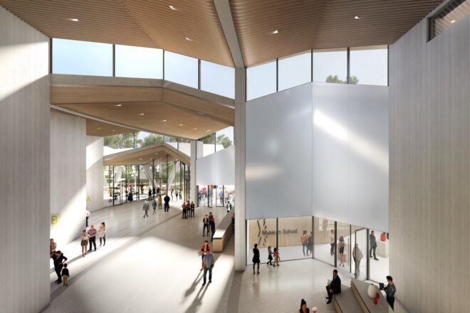 rendering of museum interior with pleated, double-height ceiling
