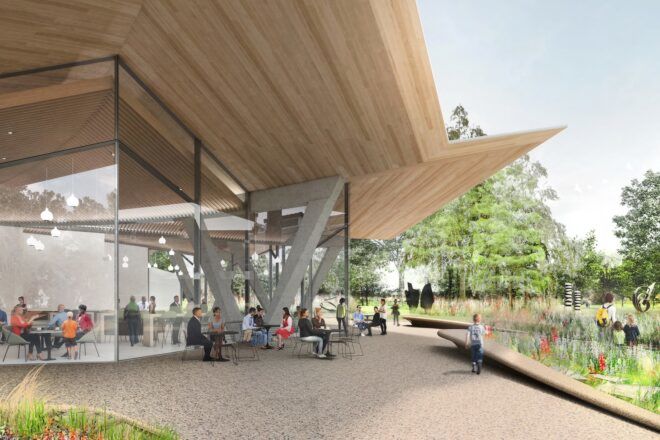 rendering of patio space and gardens next to glass building