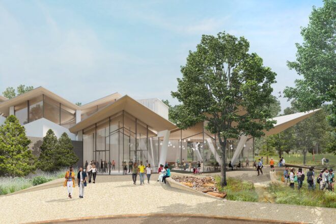 rendering of walking path and gardens near glass building