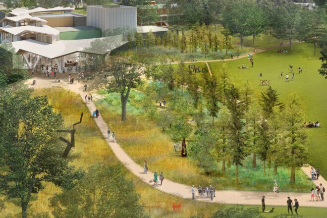 rendering of long walking path near native landscaping