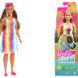 Doll in rainbow-striped dress and cardboard packaging