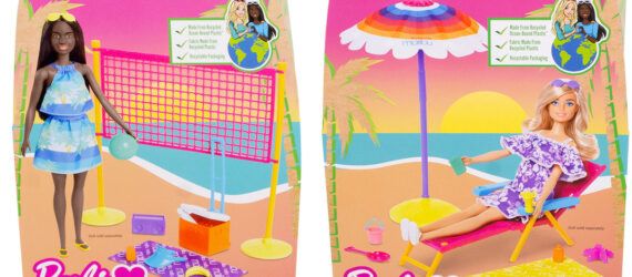 two Barbie playsets for beach volleyball and a beach chair all made from recycled plastic