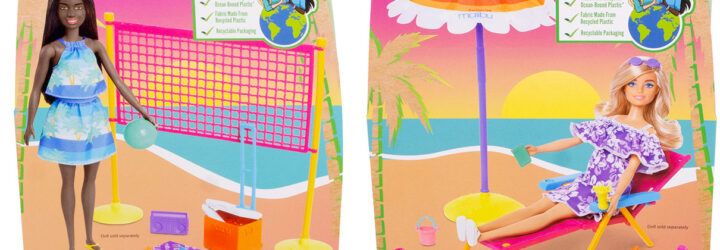 two Barbie playsets for beach volleyball and a beach chair all made from recycled plastic