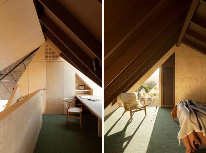 small nooks in wood room with chairs and a desk