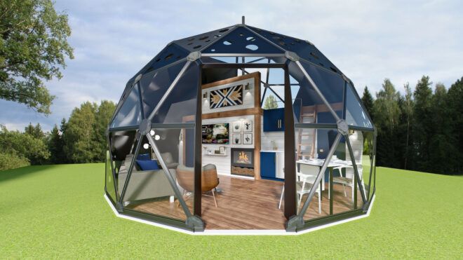 rendering of clear geodesic dome with living area inside