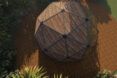 aerial rendering of geodesic dome covered in plywood
