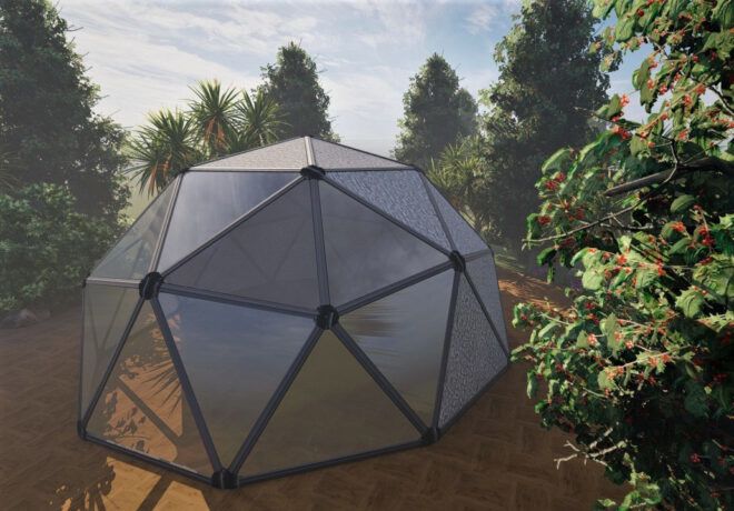 aerial rendering of geodesic dome covered in stone