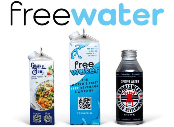 Two cartons and one bottle of water sit under the "FreeWater" logo.