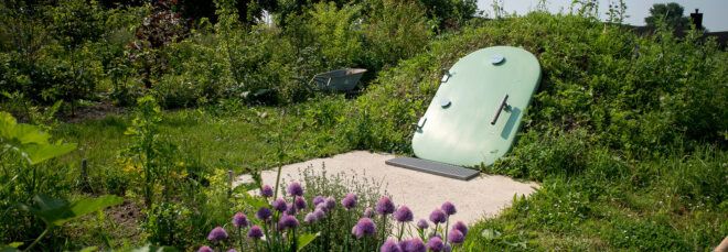 green cellar door built into a hillside