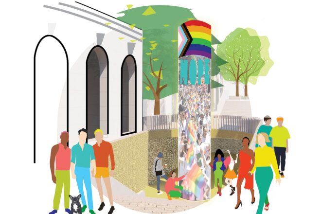 A rendering of colorful figures standing around a pole with LGBT pride images on it.