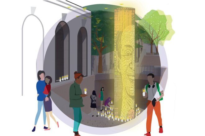 A rendering of a candlelight vigial at the Harvey Milk Memorial.