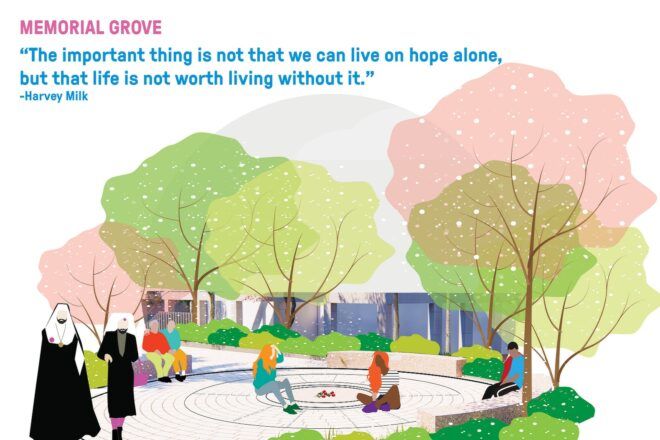 A colorful rendering of the memorial grove. Colorful figures hang out in a park area surrounded by trees. At the top of the image is the Harvey Milk quote: "The important thing is not that we can live on hope alone, but that life is not worth living without it."
