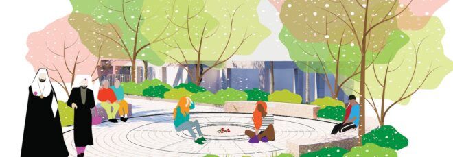 A colorful rendering of the memorial grove. Colorful figures hang out in a park area surrounded by trees.