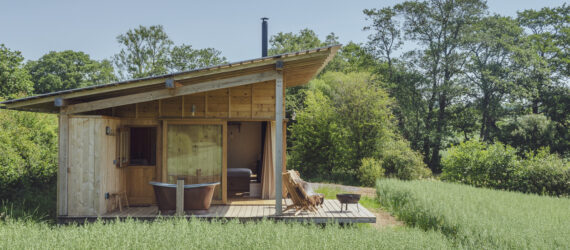 wood cabin with angled roof