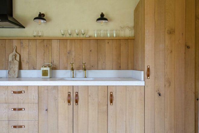 kitchen with wood cabinets and white counters