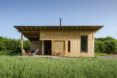 wood cabin with extended roof eaves
