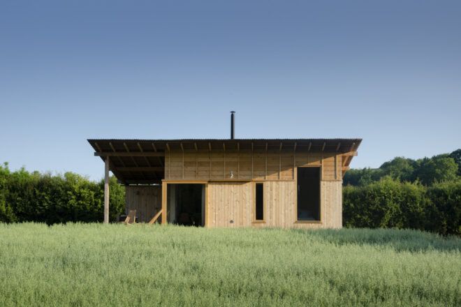 wood cabin with large windows