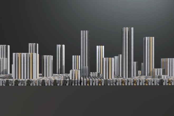 A rendering of a hybrid city skyline.