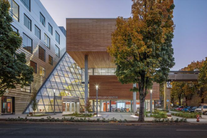 large wood and glass building