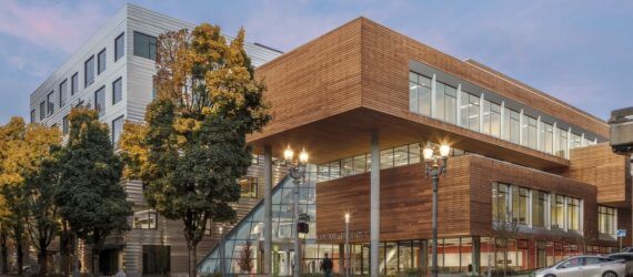 cantilevered wood college building