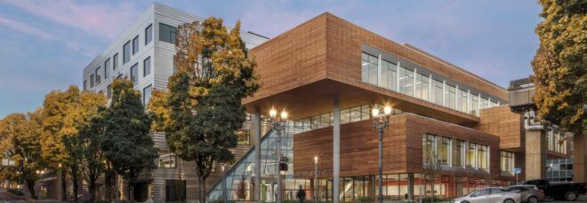 cantilevered wood college building