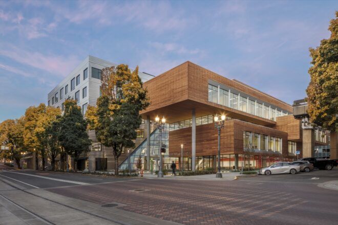 cantilevered wood college building