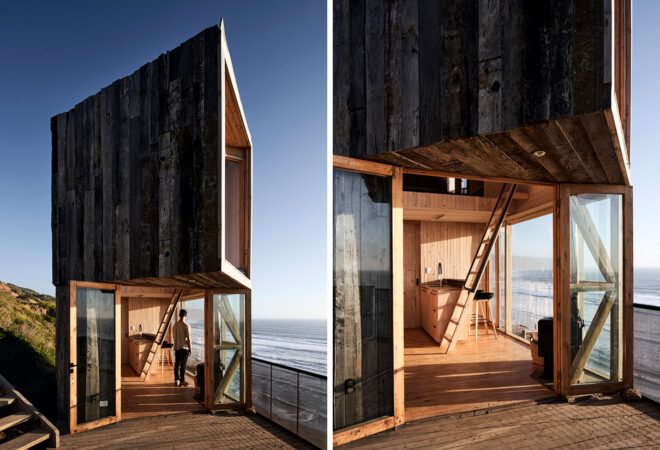 angular wood cabin with glass walls on bottom floor