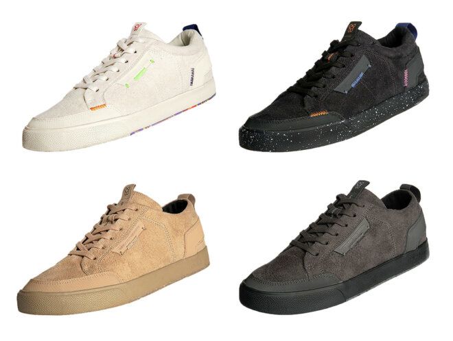 white, black, gray and tan vegan sneakers on white background