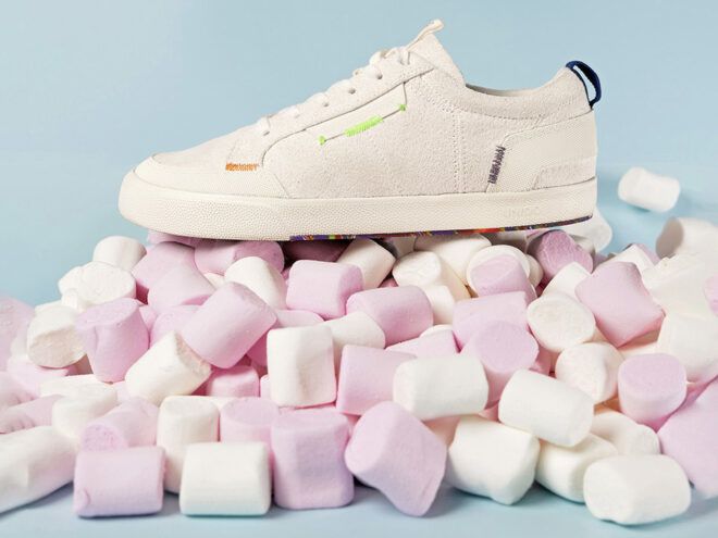 beige sneaker on pile of marshmallows