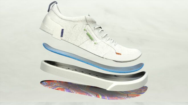 diagram of various components of a vegan, waterproof sneaker