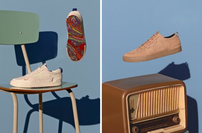 vegan sneakers floating above chair and old radio