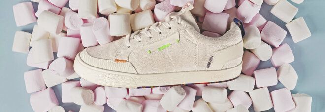 beige sneaker on pile of marshmallows