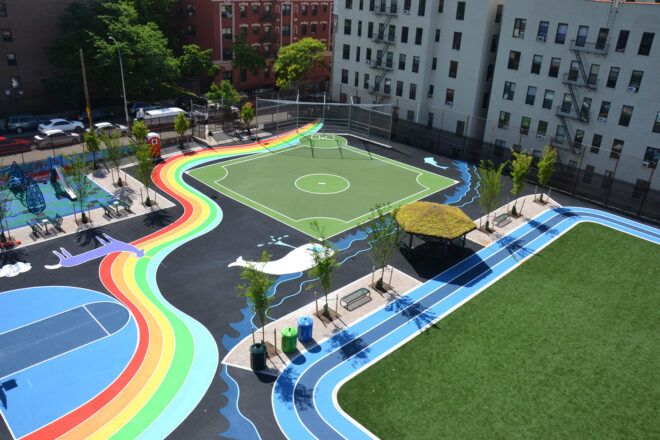 after image of parking lot turned into colorful park in NYC