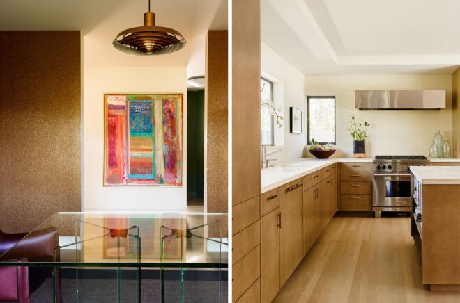 glass dining table and kitchen with light wood cabinets