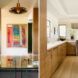 glass dining table and kitchen with light wood cabinets
