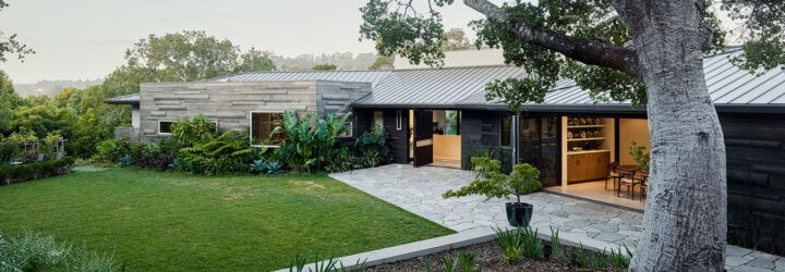 black, white and wood home with large patio and grassy yard